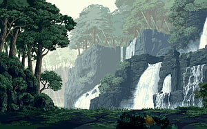 Lush Pixel Art Jungle Scene With Waterfalls And Rocky Cliffs HD wallpaper
