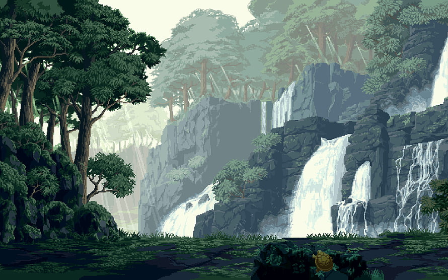Lush Pixel Art Jungle Scene With Waterfalls And Rocky Cliffs HD wallpaper