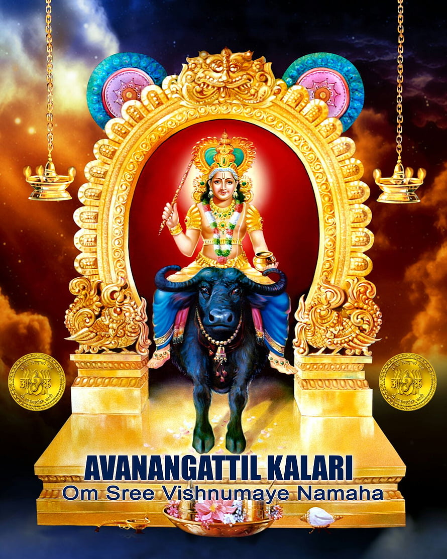 Sree Vishnumaya Swami seated on Nandi bull in ornate golden temple arch with oil lamps HD phone wallpaper
