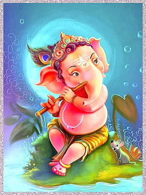 Cute Baby Ganesha Playing Flute on Lotus Leaf with Mouse Companion HD phone wallpaper