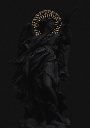 Dark Angel Statue with Golden Halo and Spear in Dramatic Low-Key Lighting HD phone wallpaper