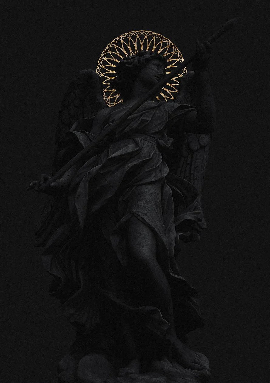 Dark Angel Statue with Golden Halo and Spear in Dramatic Low-Key Lighting HD phone wallpaper