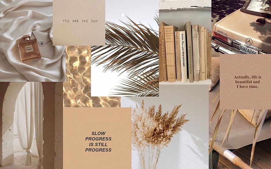 Beige Aesthetic Mood Board Collage Featuring Dried Flowers, Vintage Books, and Inspirational Quotes HD wallpaper