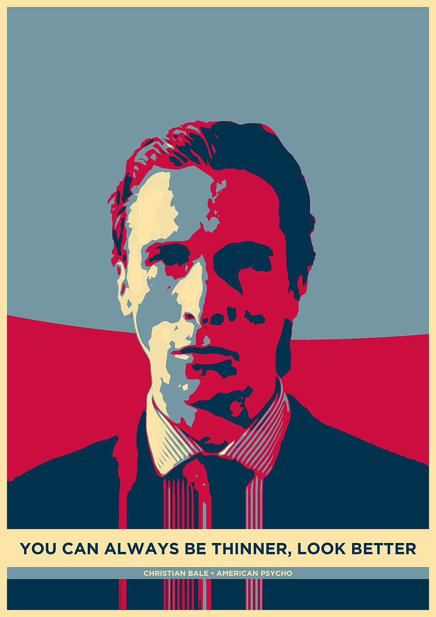 Patrick Bateman from American Psycho in a bold red and blue pop art portrait style HD phone wallpaper