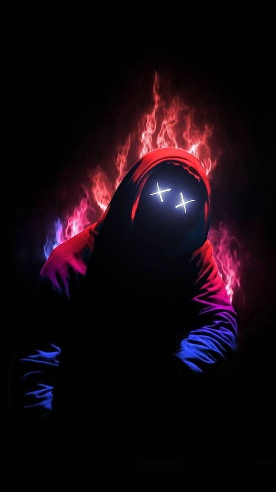 Glowing Cross-Eyed Hooded Figure Surrounded by Fiery Red and Blue Flames in Darkness HD phone wallpaper