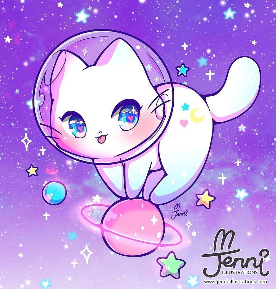 Cute Kawaii Cat in Space Bubble with Stars and Planets HD phone wallpaper