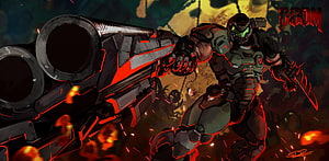 Doom Slayer wielding the BFG 9000 in a fiery battle scene with red and green armor HD wallpaper