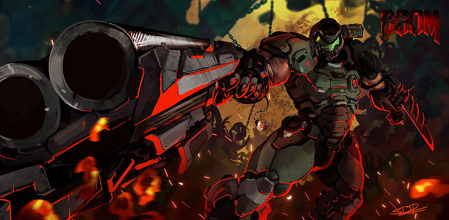 Doom Slayer wielding the BFG 9000 in a fiery battle scene with red and green armor HD wallpaper