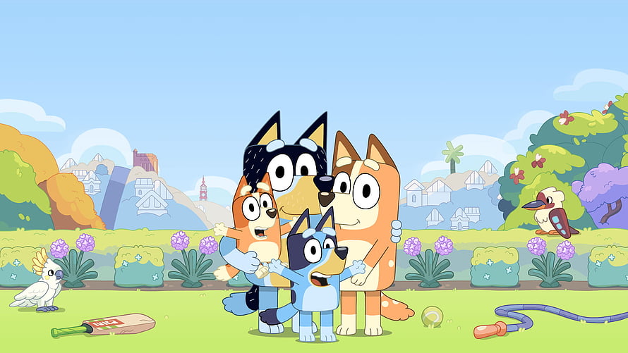 Bluey and Family Group Hug in Sunny Garden with Birds and Toys HD wallpaper