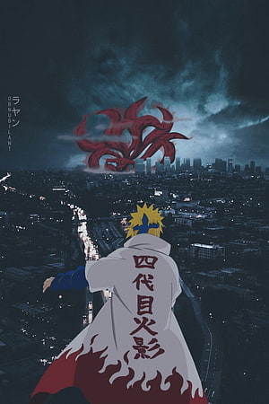 Minato Namikaze and the Nine-Tails Over a Nighttime Cityscape in Anime Style HD phone wallpaper
