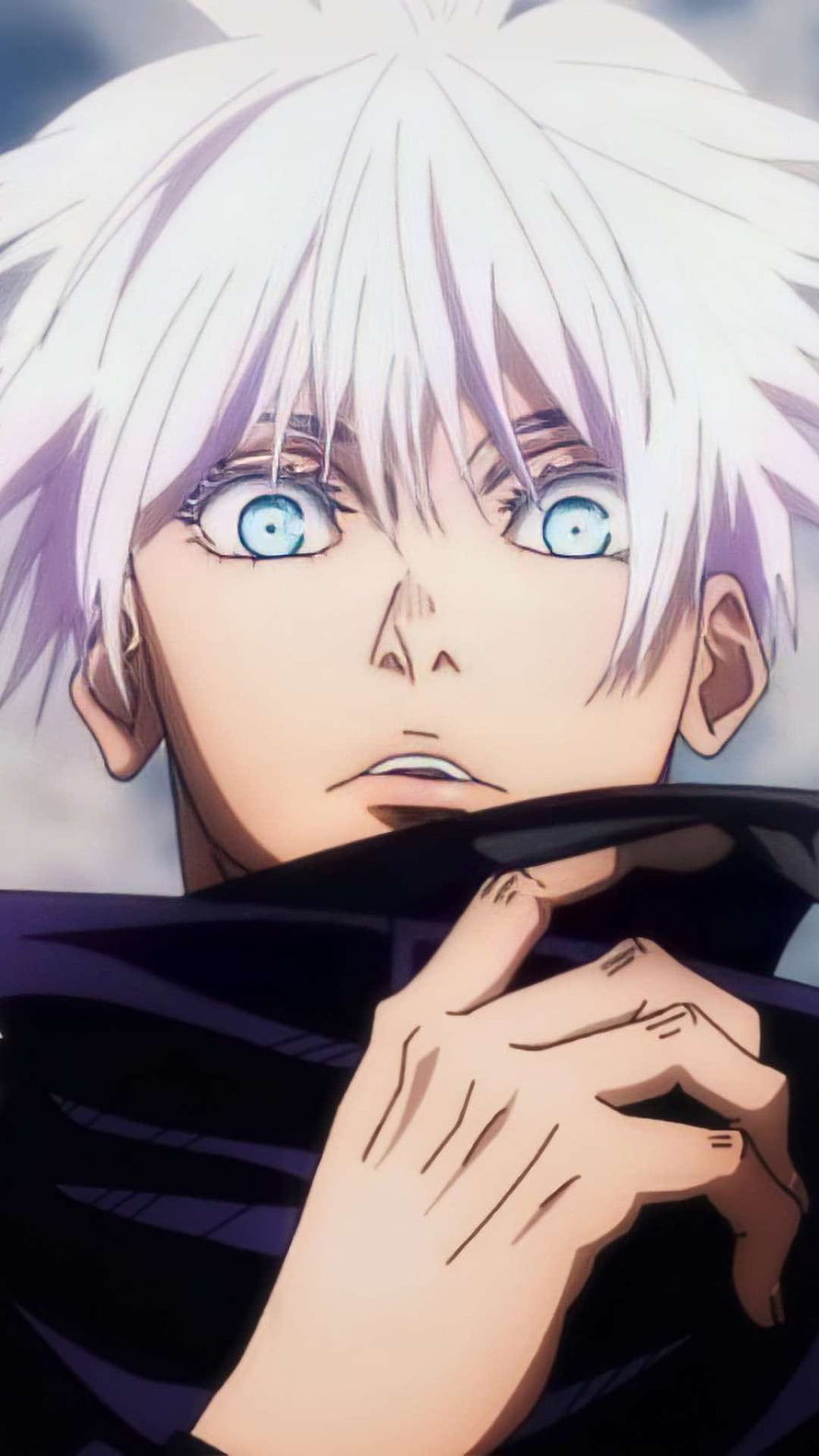 Gojo Satoru Anime Character Close-Up Portrait with White Hair and Blue Eyes HD phone wallpaper