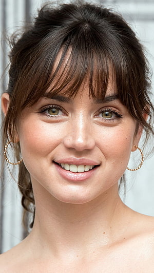 Ana de Armas Close-Up Portrait With Bangs And Gold Hoop Earrings HD phone wallpaper