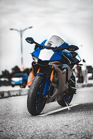 Blue Yamaha R1 Superbike Parked on Asphalt Road with Selective Color Effect HD phone wallpaper