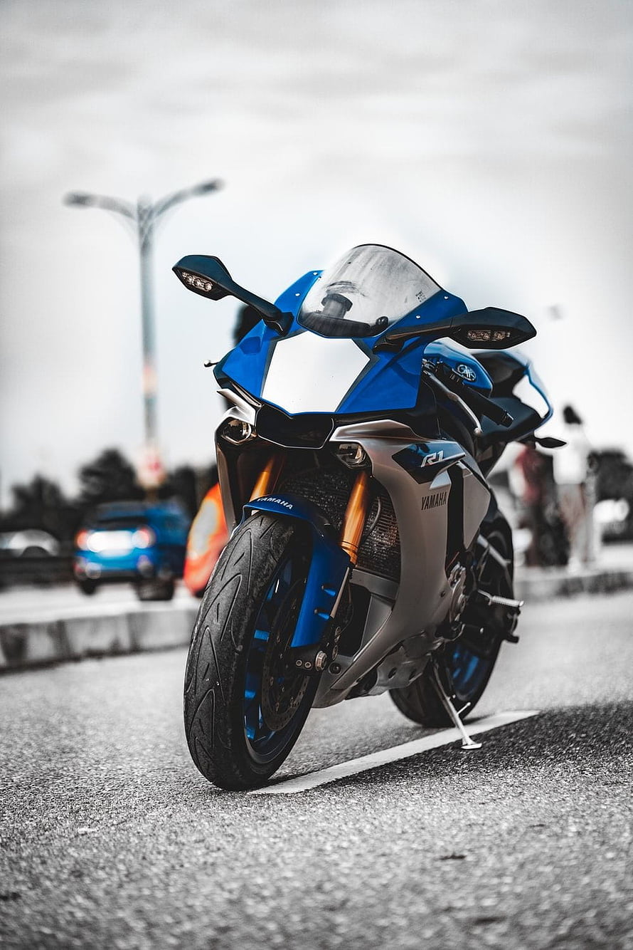 Blue Yamaha R1 Superbike Parked on Asphalt Road with Selective Color Effect HD phone wallpaper