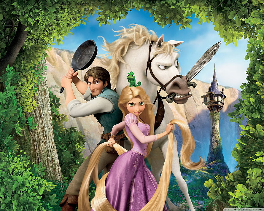 Tangled Movie Poster Featuring Rapunzel, Flynn Rider, and Maximus in a Lush Forest Setting HD wallpaper