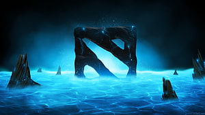 Dota 2 Logo Stone Arch in Glowing Blue Water Fantasy Landscape HD wallpaper