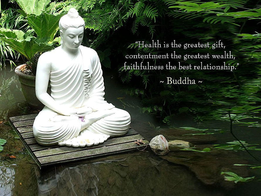 White Buddha Statue in Serene Garden Setting with Inspirational Quote HD wallpaper