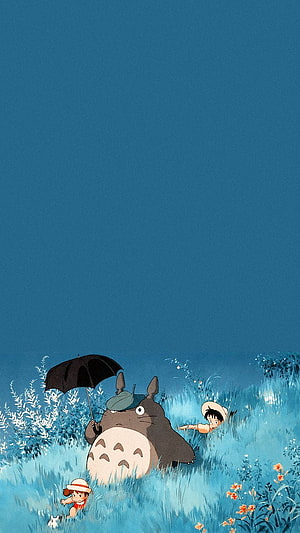 Totoro and Children in a Misty Blue Field with Umbrella and Flowers HD phone wallpaper