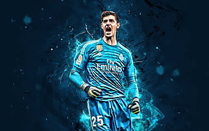 Thibaut Courtois Real Madrid Goalkeeper Action Portrait with Neon Blue Energy Effects HD wallpaper