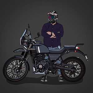 Illustration of a rider standing beside a Royal Enfield Himalayan adventure motorcycle HD phone wallpaper