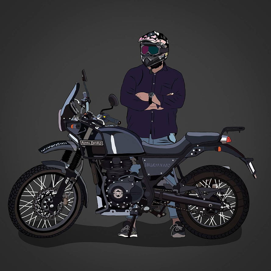 Illustration of a rider standing beside a Royal Enfield Himalayan adventure motorcycle HD phone wallpaper