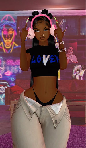 IMVU avatar wearing pink headphones and a black crop top in a neon-lit room HD phone wallpaper