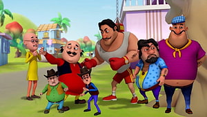 Motu Patlu and Friends in Vibrant 3D Animated Village Scene HD wallpaper