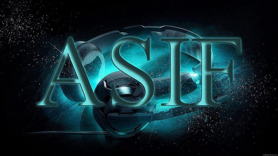 Asif 3D Metallic Typography with Glowing Cyan Orb and Particle Effects on Dark Background HD wallpaper