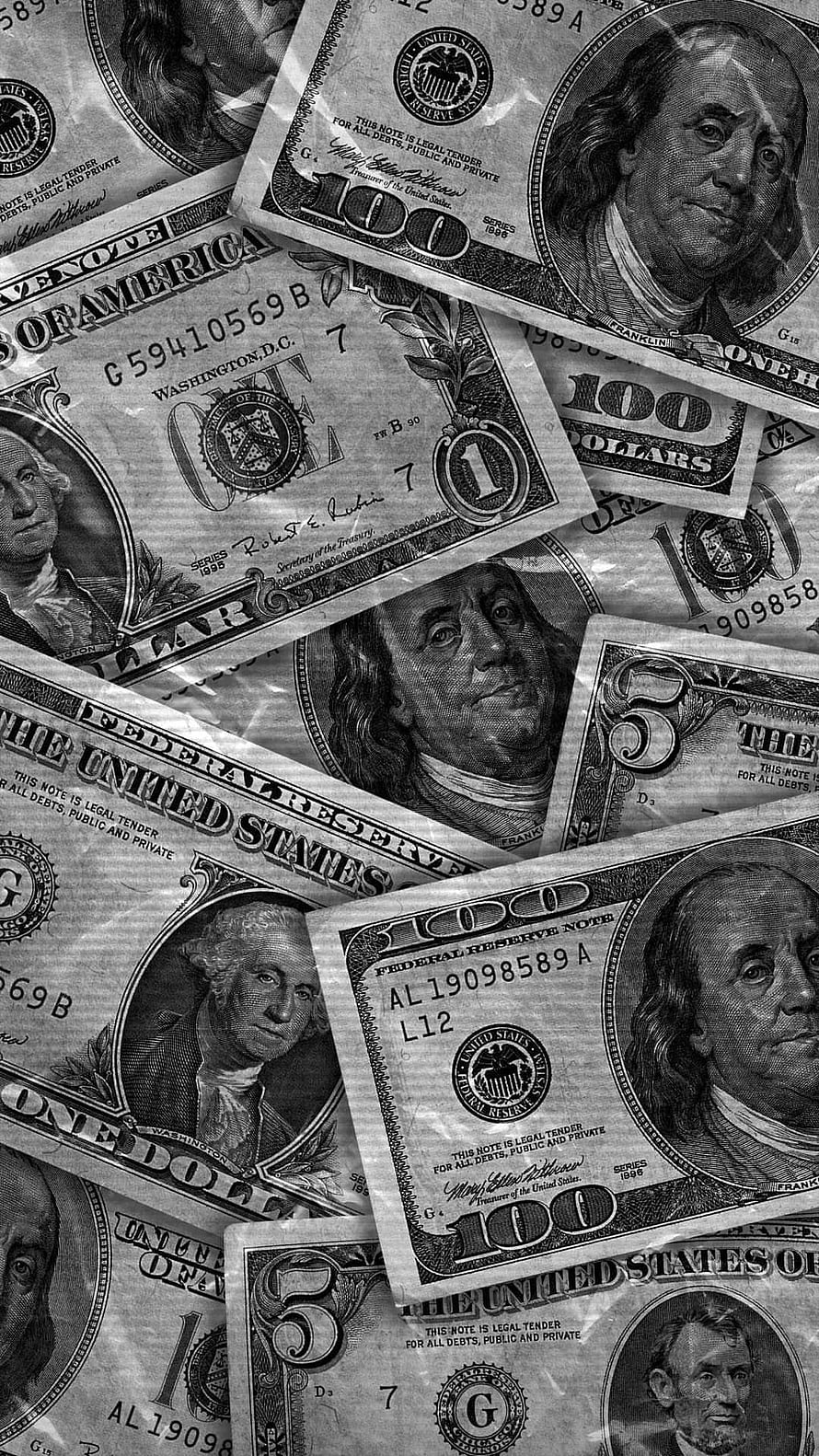Black and White Aesthetic of Scattered US Dollar Bills and Currency Notes HD phone wallpaper