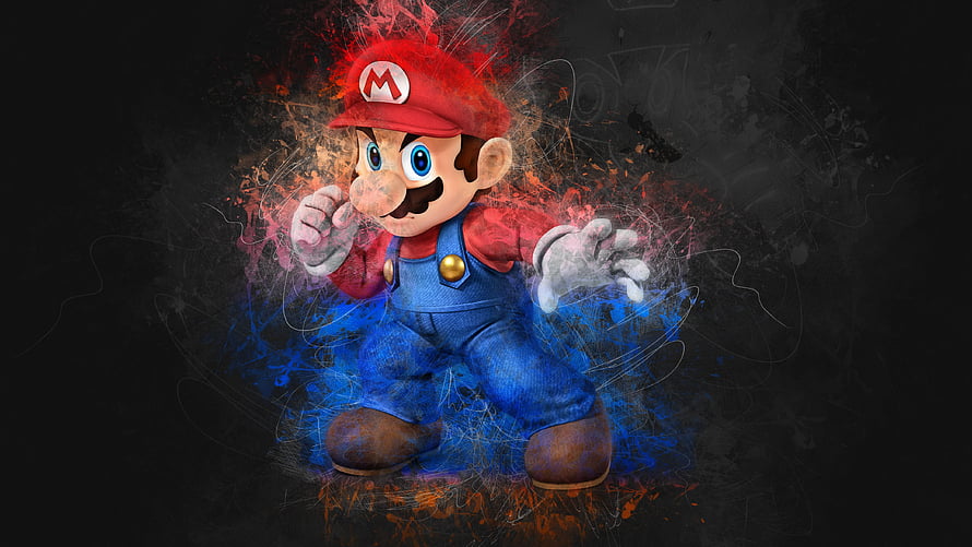 Super Mario dynamic action artwork with vibrant red and blue energy effects on a dark background HD wallpaper