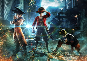 Jujutsu Kaisen, Dragon Ball, and One Piece Heroes in a Cinematic City Battle HD wallpaper