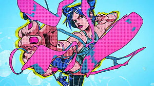 Jolyne Cujoh from Stone Ocean in a dynamic pop art illustration with bold pink and blue tones HD wallpaper