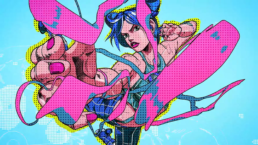 Jolyne Cujoh from Stone Ocean in a dynamic pop art illustration with bold pink and blue tones HD wallpaper