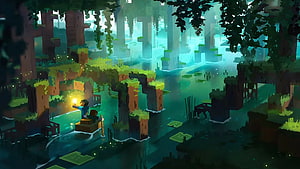 Minecraft Mangrove Swamp Biome with Lantern-Lit Boat in Misty Water HD wallpaper