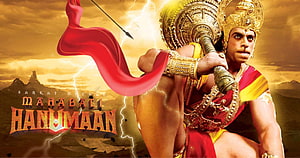 Mahabali Hanuman warrior with mace and red sash in dramatic lightning storm HD wallpaper