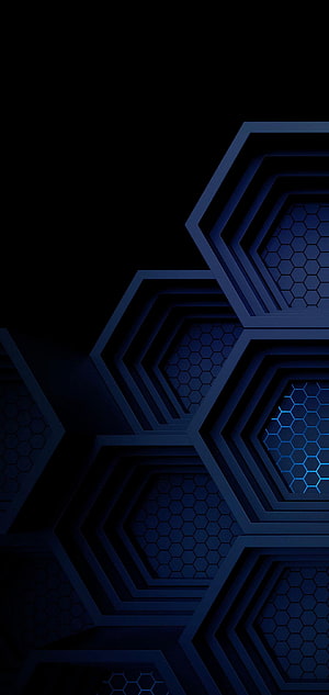 Dark Blue Hexagonal Honeycomb Pattern with Neon Glow on Black Background HD phone wallpaper