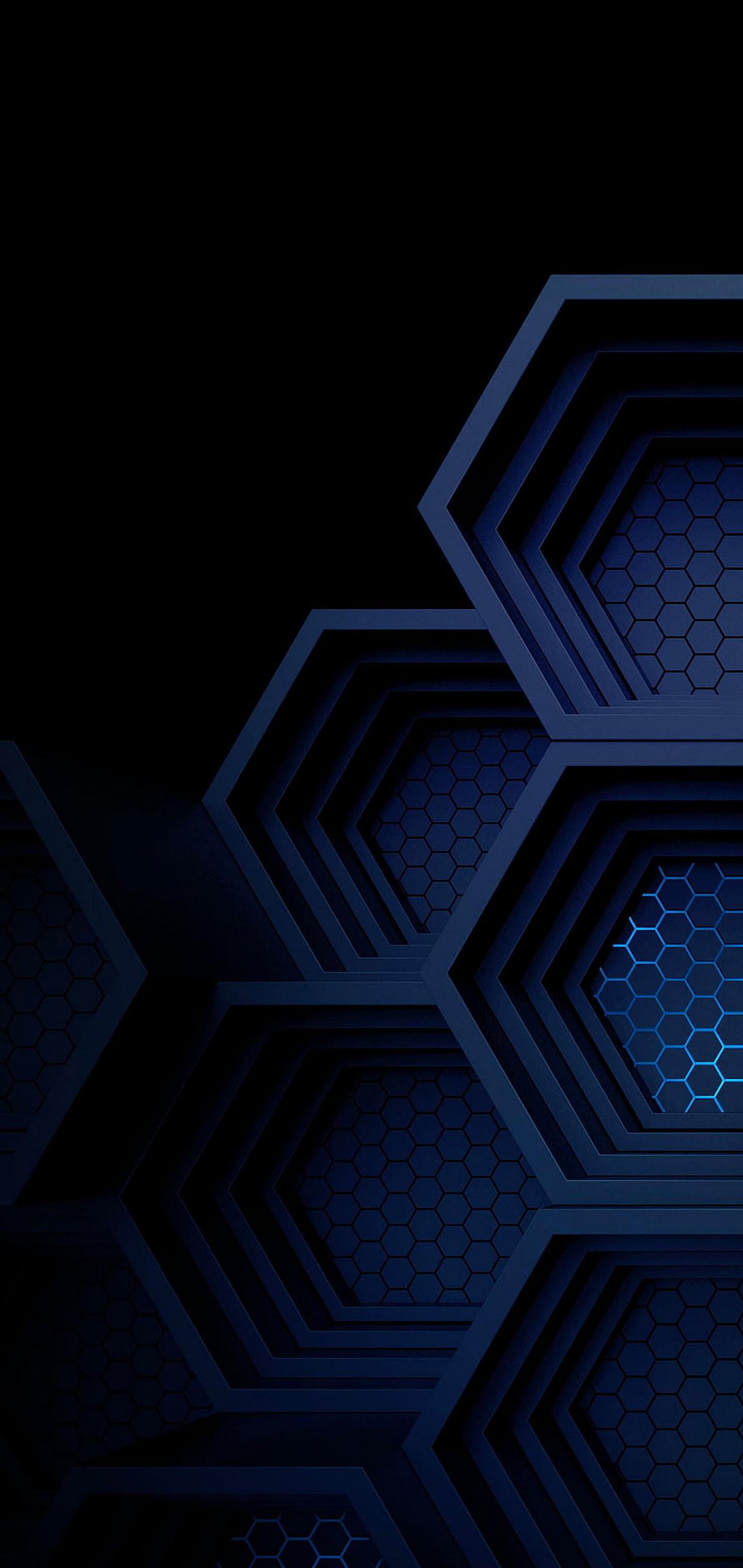 Dark Blue Hexagonal Honeycomb Pattern with Neon Glow on Black Background HD phone wallpaper
