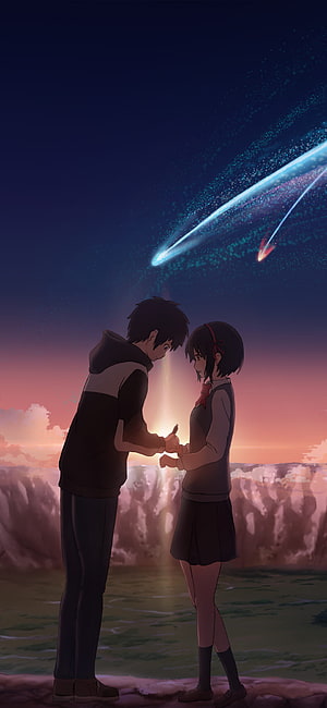 Your Name Anime Scene of Taki and Mitsuha Holding Hands Under a Split Comet at Sunset HD phone wallpaper