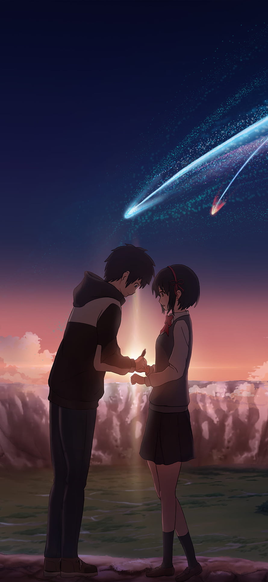 Your Name Anime Scene of Taki and Mitsuha Holding Hands Under a Split Comet at Sunset HD phone wallpaper