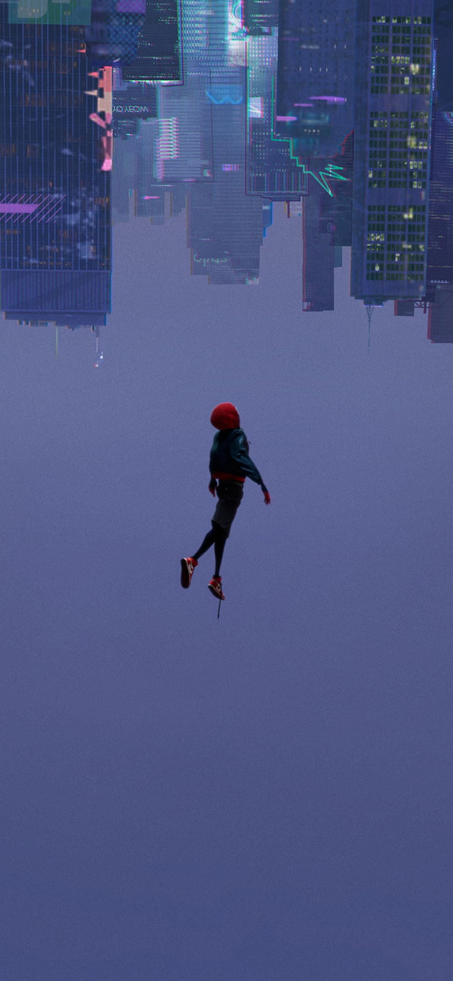 Miles Morales Falling Through a Glitching Cityscape in Spider-Man: Into the Spider-Verse HD phone wallpaper