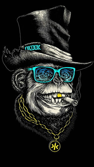 Stylized illustration of a cool monkey wearing a top hat, sunglasses, and a gold chain HD phone wallpaper