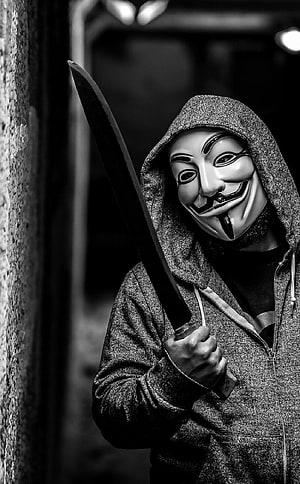 Anonymous Guy Fawkes Mask and Machete in Black and White HD phone wallpaper