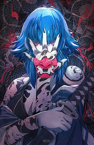 Blue-Haired Oni Mask Character with Red Eyes and Dragon Background HD phone wallpaper