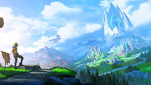 Ionia Landscape in League of Legends with Adventurer and Dragon HD wallpaper