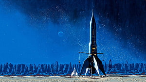 Retro Futurism Space Rocket Launching on Alien Planet Under Starry Night Sky HD wallpaper
