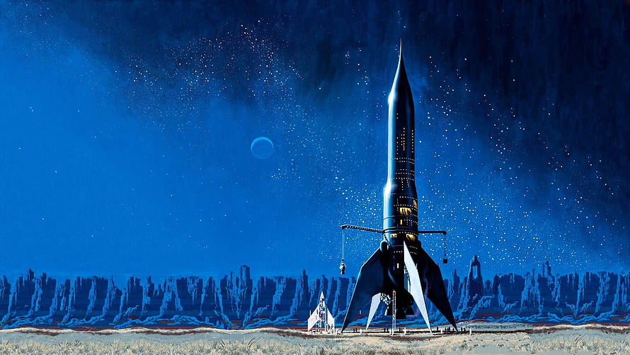 Retro Futurism Space Rocket Launching on Alien Planet Under Starry Night Sky HD wallpaper