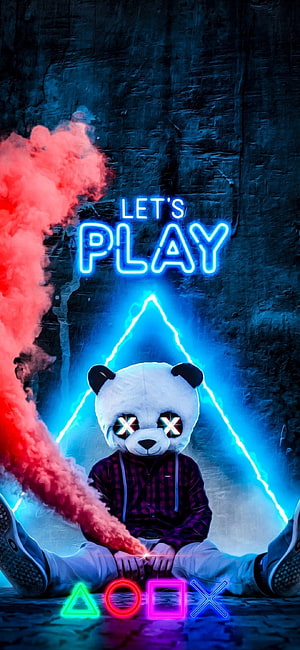 Neon Panda Mask Gamer with PlayStation Symbols and Smoke HD phone wallpaper