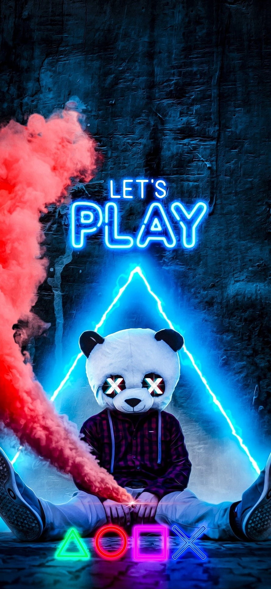 Neon Panda Mask Gamer with PlayStation Symbols and Smoke HD phone wallpaper