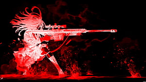 Anime Sniper Girl Aiming Rifle in Red and Black Splatter Art Style HD wallpaper