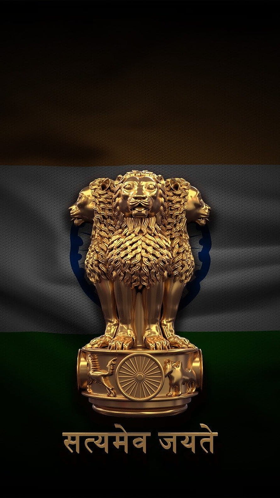 Golden State Emblem of India with Ashoka Chakra and National Flag Background HD phone wallpaper